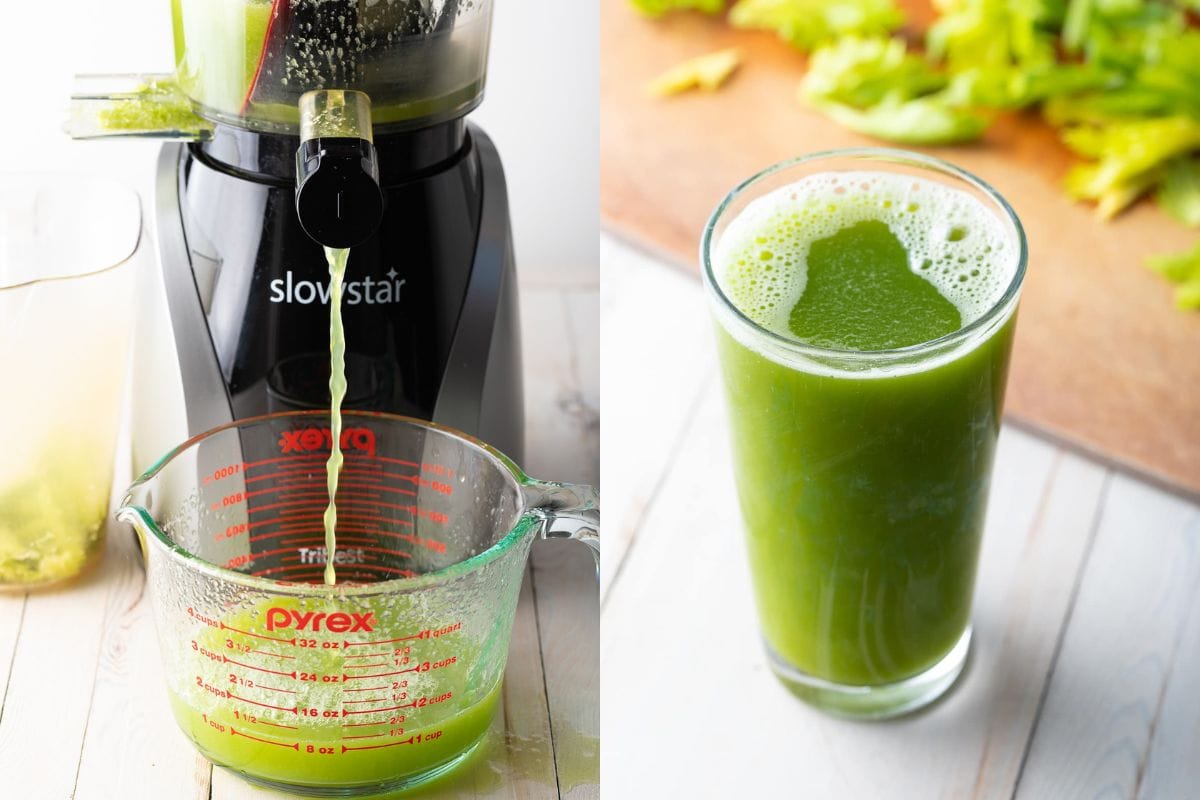 Best Juicer for Celery - Split photo with celery being juiced on the left and a glass of celery juice on the right.